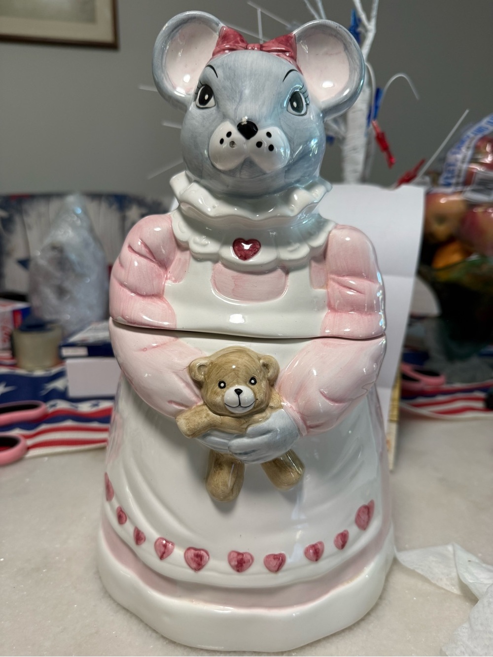 The House of Loyd Mouse Cookie Jar in Pink and White with Teddy Accent